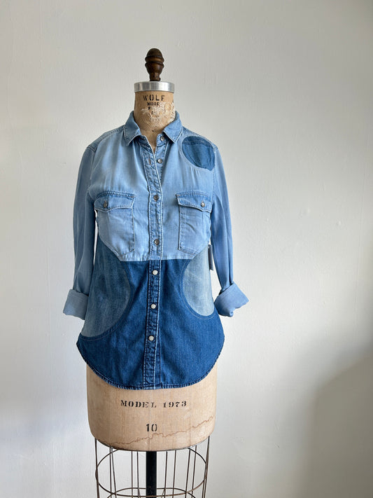 Upcycled Modern Workwear Cotton & Denim Shirt - Circle Series Size XXS/XS #DEN1