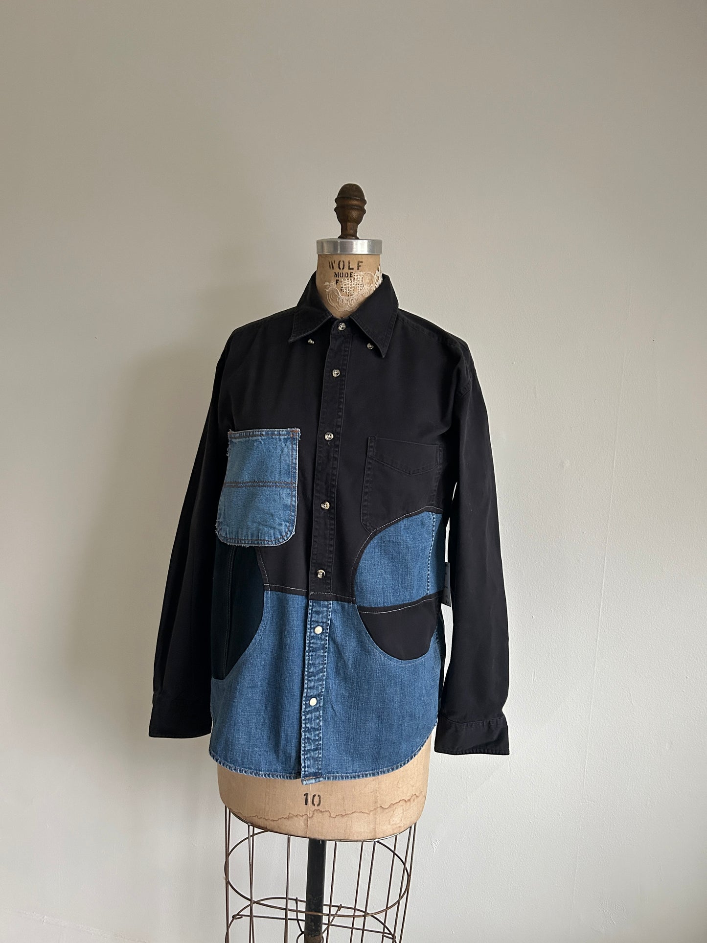 Upcycled Modern Workwear Denim Shirt - Circle Series Size M/L #DBML6