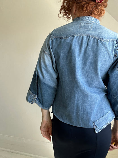 Ellis Reclaimed Patchwork Denim Shirt with Handstitching & Hand Dyed Twill Ribbon S/M #ELL15