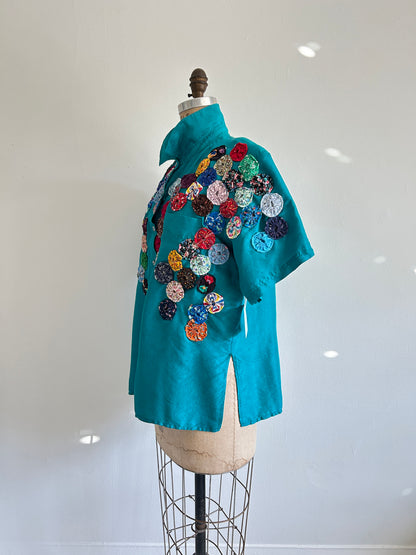 Vintage Silk Blouse with YoYo Quilt Appliqué Size L #YOYO1