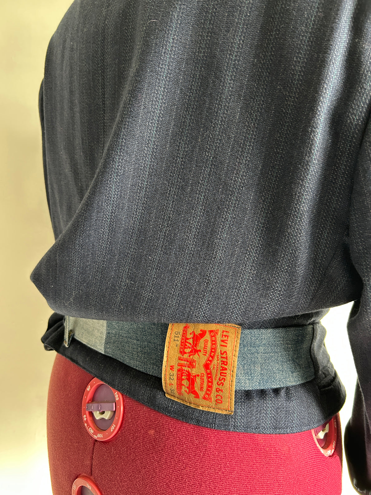 Cropped Upcycled Bellissimo Virgin Wool Blazer with Denim Belt Size 2X/3X #BLAZ23X6