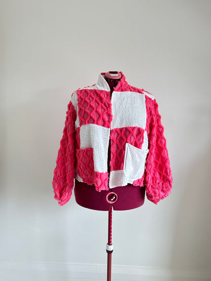 Vivianne Cropped Jacket with Chrckerbosrded Upcycled Vintage Chenille Size XL/2X #VIVCH1