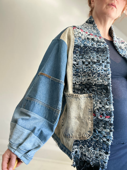 Vivianne Cropped Upcycled Woven Denim Jacket Size XL/2X #CVCDX2X101