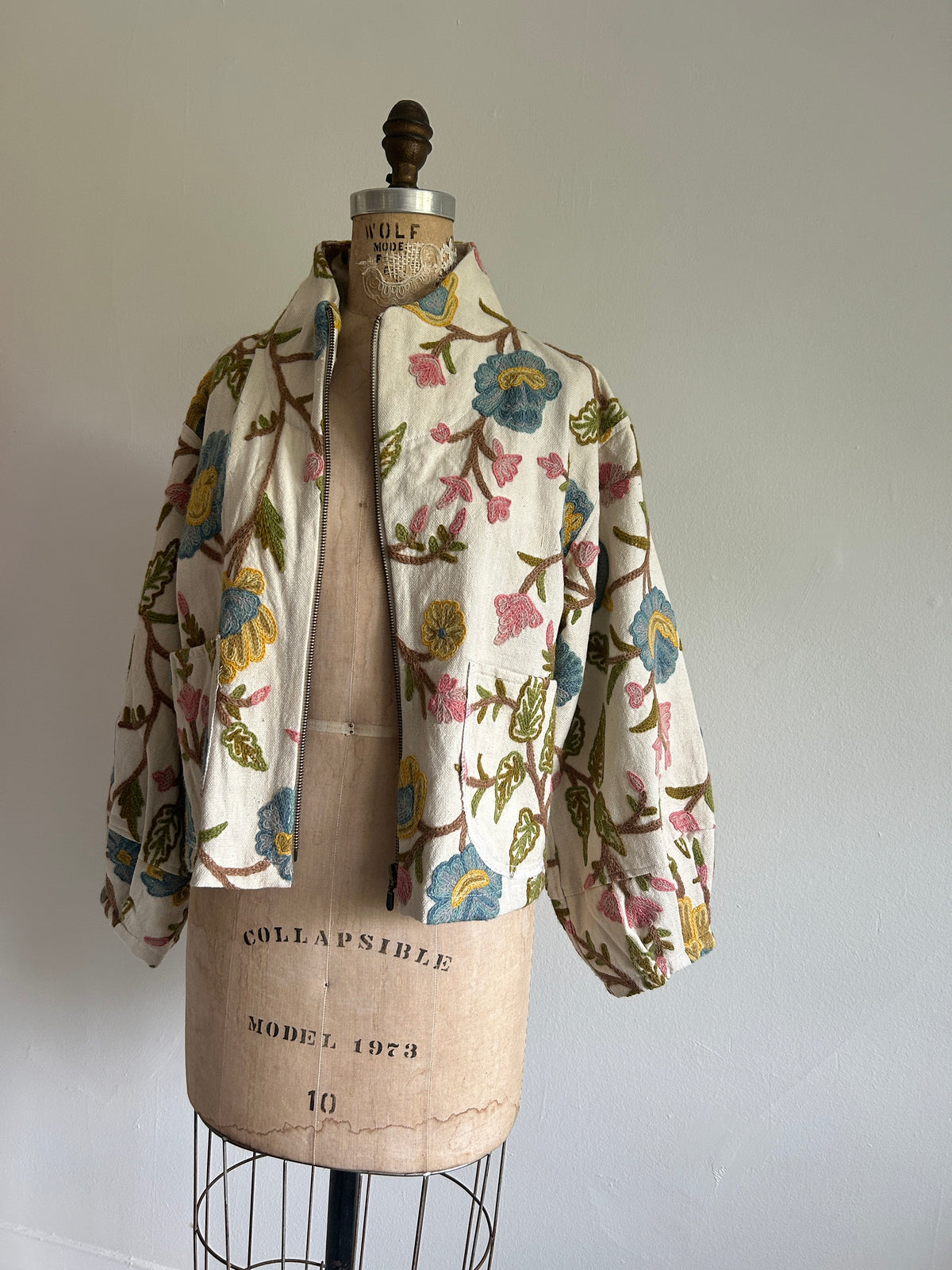 Billie Zip Up Cropped Jacket with Upcycled Vintage Crewel Wool Draperies Size M/L #BILLMLCR11