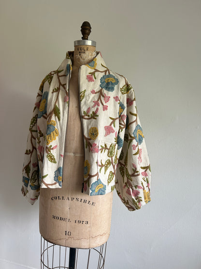 Billie Zip Up Cropped Jacket with Upcycled Vintage Crewel Wool Draperies Size M/L #BILLMLCR11
