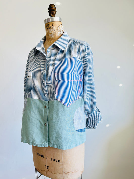 Upcycled Modern Workwear Pinstripe Shirt - Circle Series Size S/M #PIN4