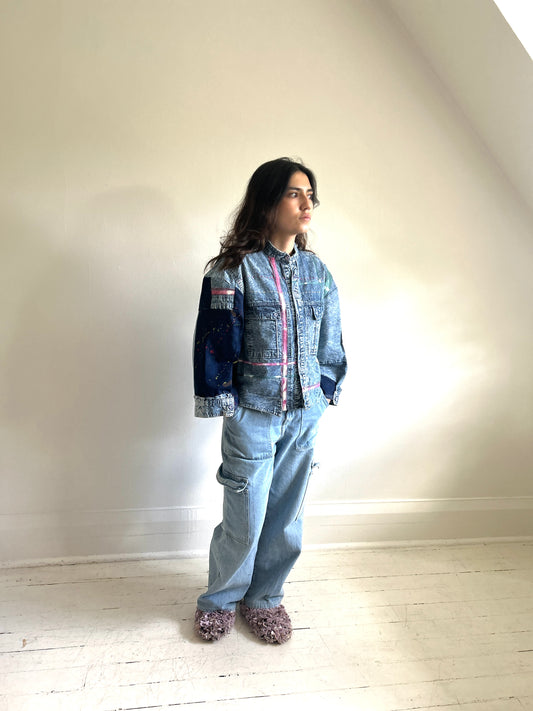 Ellis Reclaimed Patchwork Denim Shirt with Handstitching & Hand Dyed Twill Ribbon XS/S #ELL2
