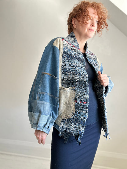 Vivianne Cropped Upcycled Woven Denim Jacket Size XL/2X #CVCDX2X101