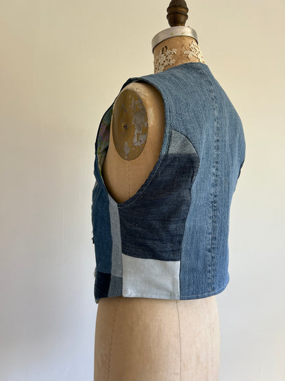 Leni Reclaimed Patchwork Denim Vest with Cotton Lining S/M #LENI4