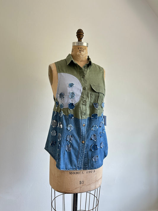 Upcycled Modern Workwear Linen, Cotton & Denim Shirt - Circle & Squares Series Size XS/S #PIN17