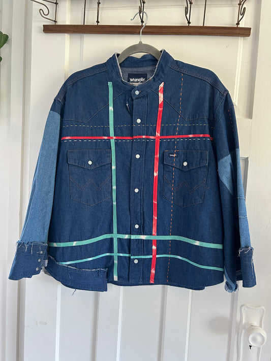 Ellis Reclaimed Patchwork Wrangler Denim Shirt with Handstitching & Hand Dyed Twill Ribbon 2X/3X #ELL8