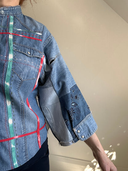 Ellis Reclaimed Patchwork Denim Shirt with Handstitching & Hand Dyed Twill Ribbon S/M #ELL15