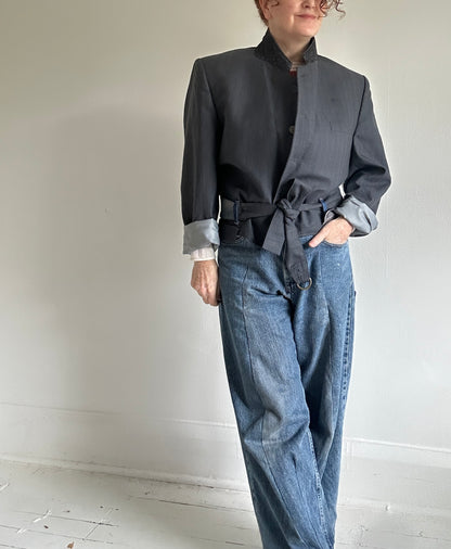 Cropped Upcycled Jonathan Ryan Classics Virgin Wool Blazer with Denim Belt Size L/XL #BLAZX2X1