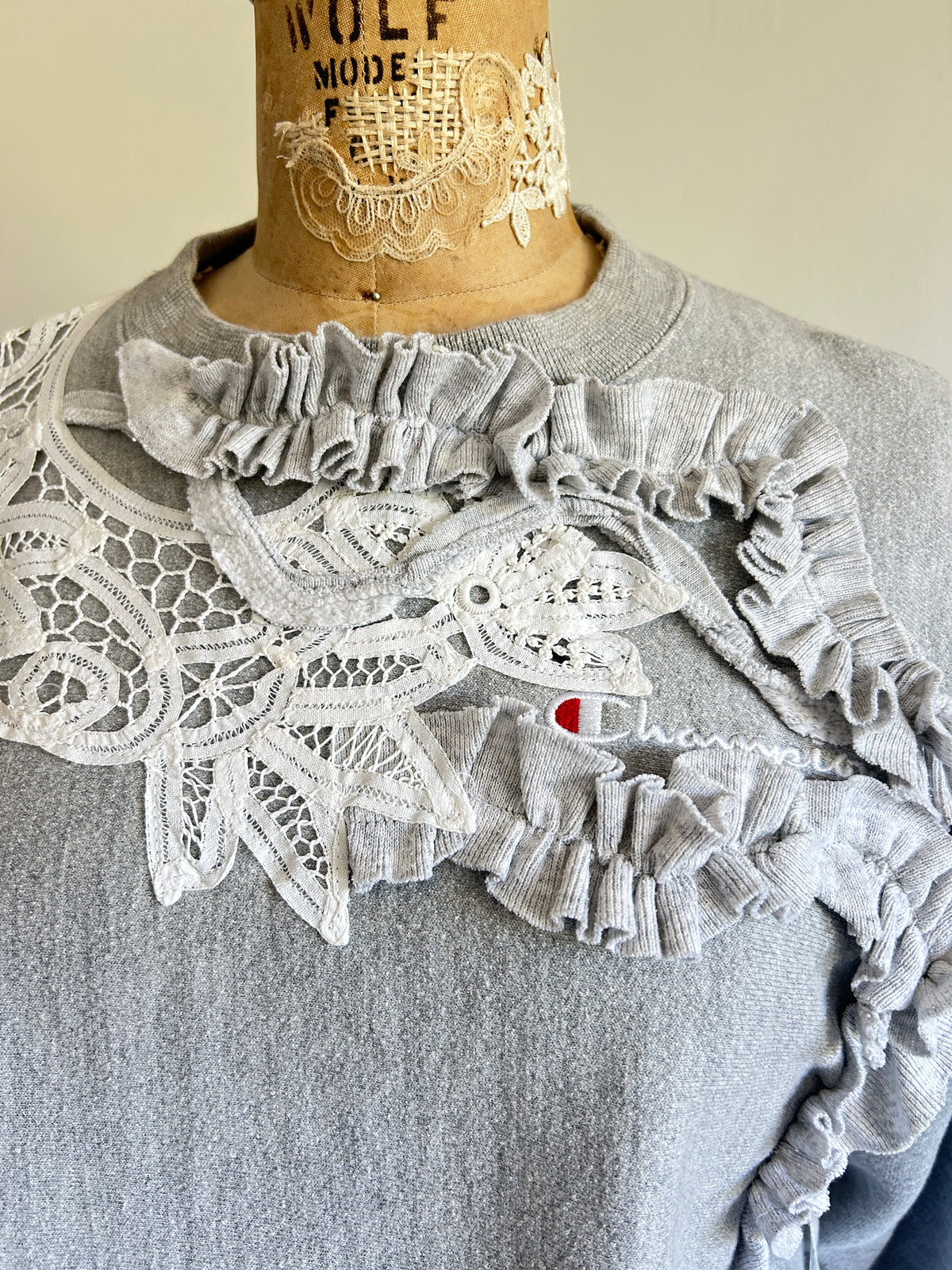 Ruffled & Battenburg Lace Upcycled Champion Sweatshirt XS/S #SWRXXS3