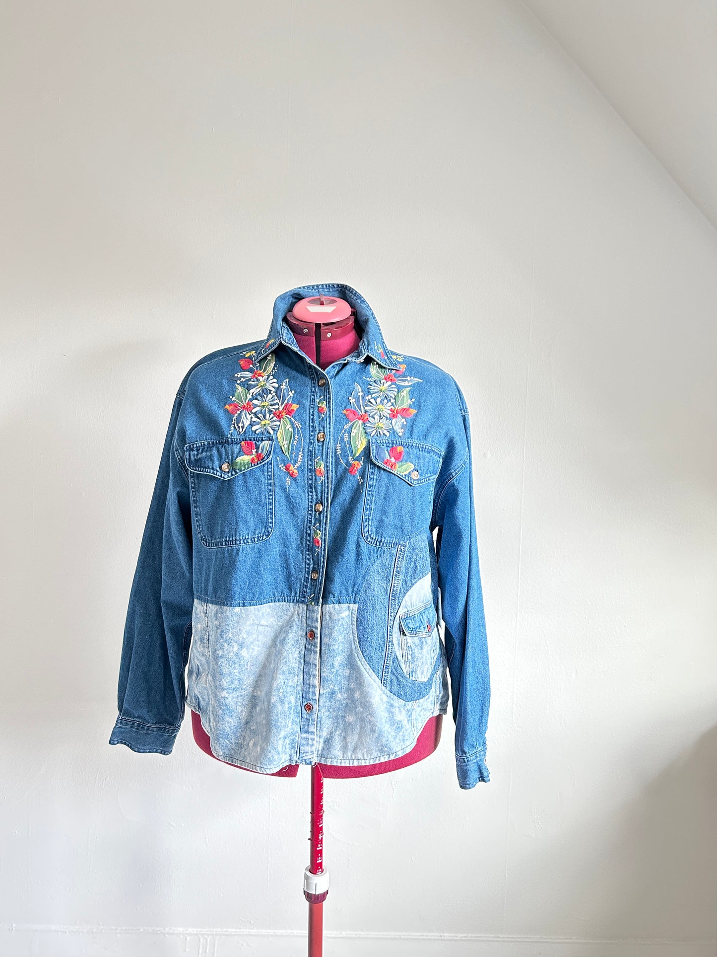 Upcycled Modern Workwear Denim Shirt - Circle Series with hand painting Size XL/2X #DEN1