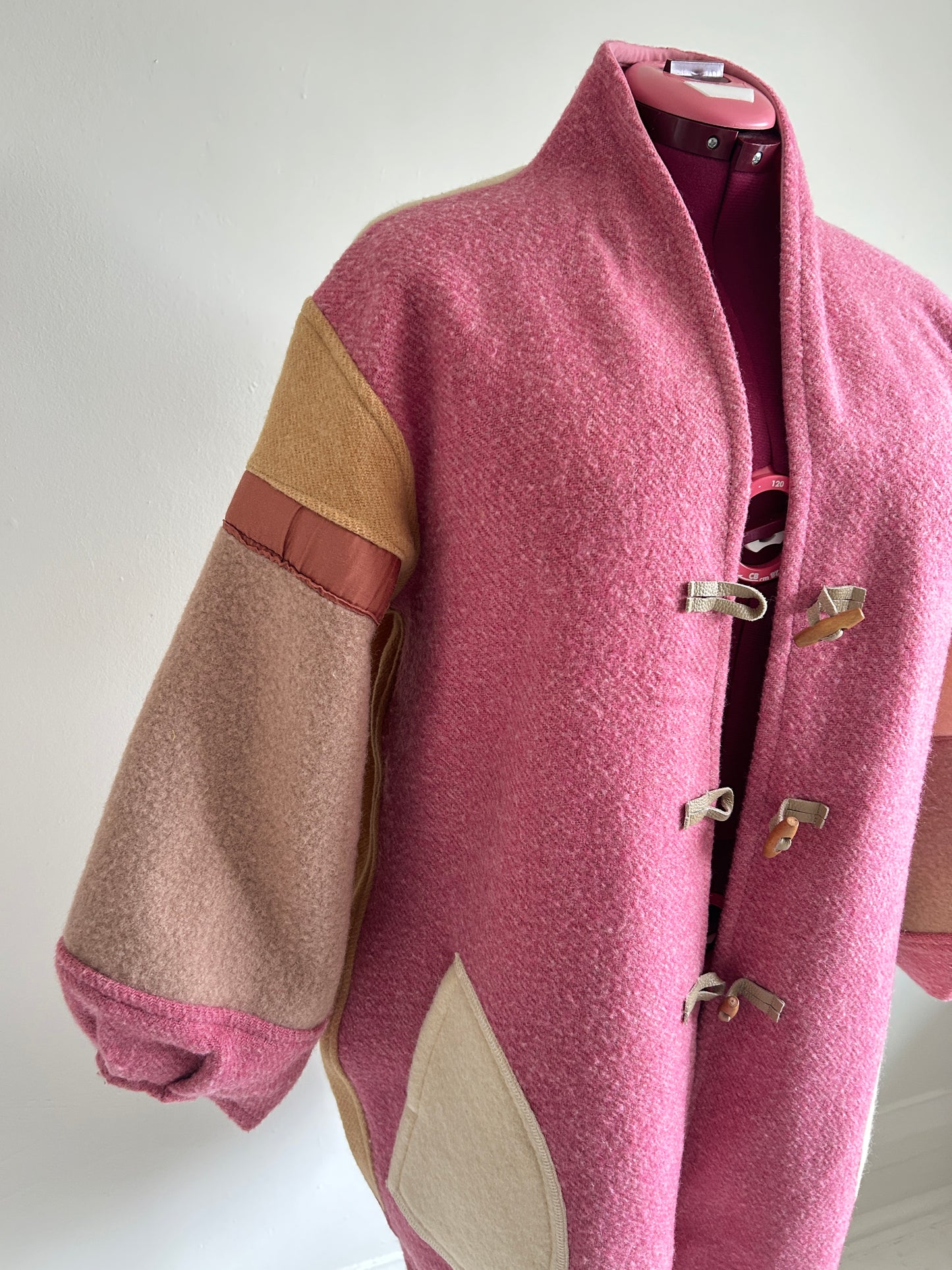 Vivianne Jacket with Upcycled Vintage Wool Patchwork & Leather & Wooden Toggles Size XL/2X #CVJWX2X56