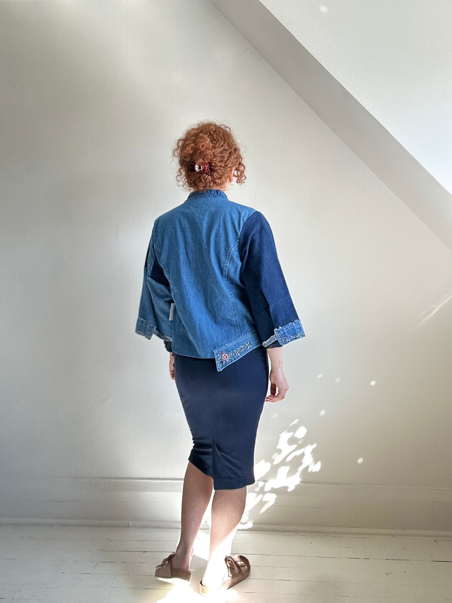 Ellis Reclaimed Patchwork Denim Shirt with Handstitching & Hand Dyed Twill Ribbon S/M #ELL16