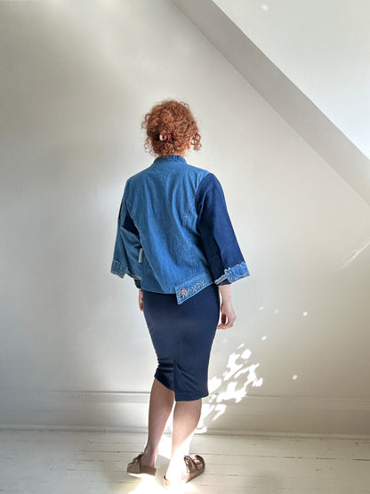 Ellis Reclaimed Patchwork Denim Shirt with Handstitching & Hand Dyed Twill Ribbon S/M #ELL16