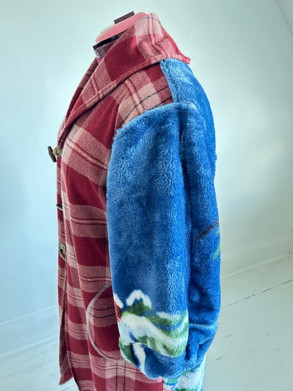 Vivianne Jacket with Upcycled Vintage & Fleece Wool Blanket & Leather & Wooden Toggles Cardinal Theme Size XL/2X #CVJWX2X48