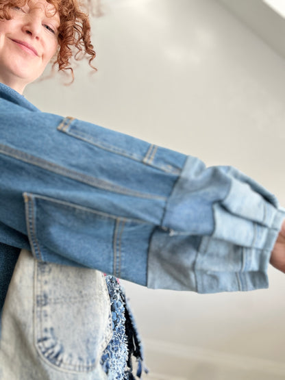 Vivianne Cropped Upcycled Woven Denim Jacket Size XL/2X #CVCDX2X101