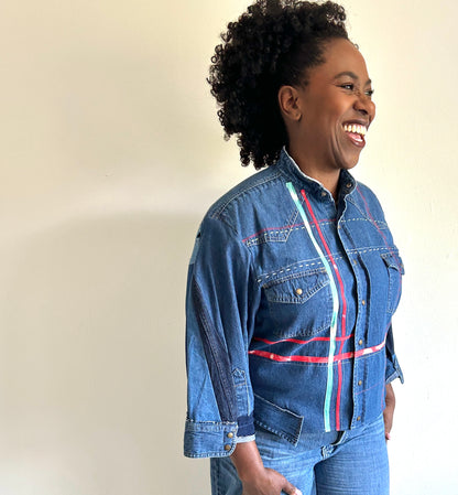 Ellis Reclaimed Patchwork Dickies Denim Shirt with Handstitching & Hand Dyed Twill Ribbon XL/2X #ELL10
