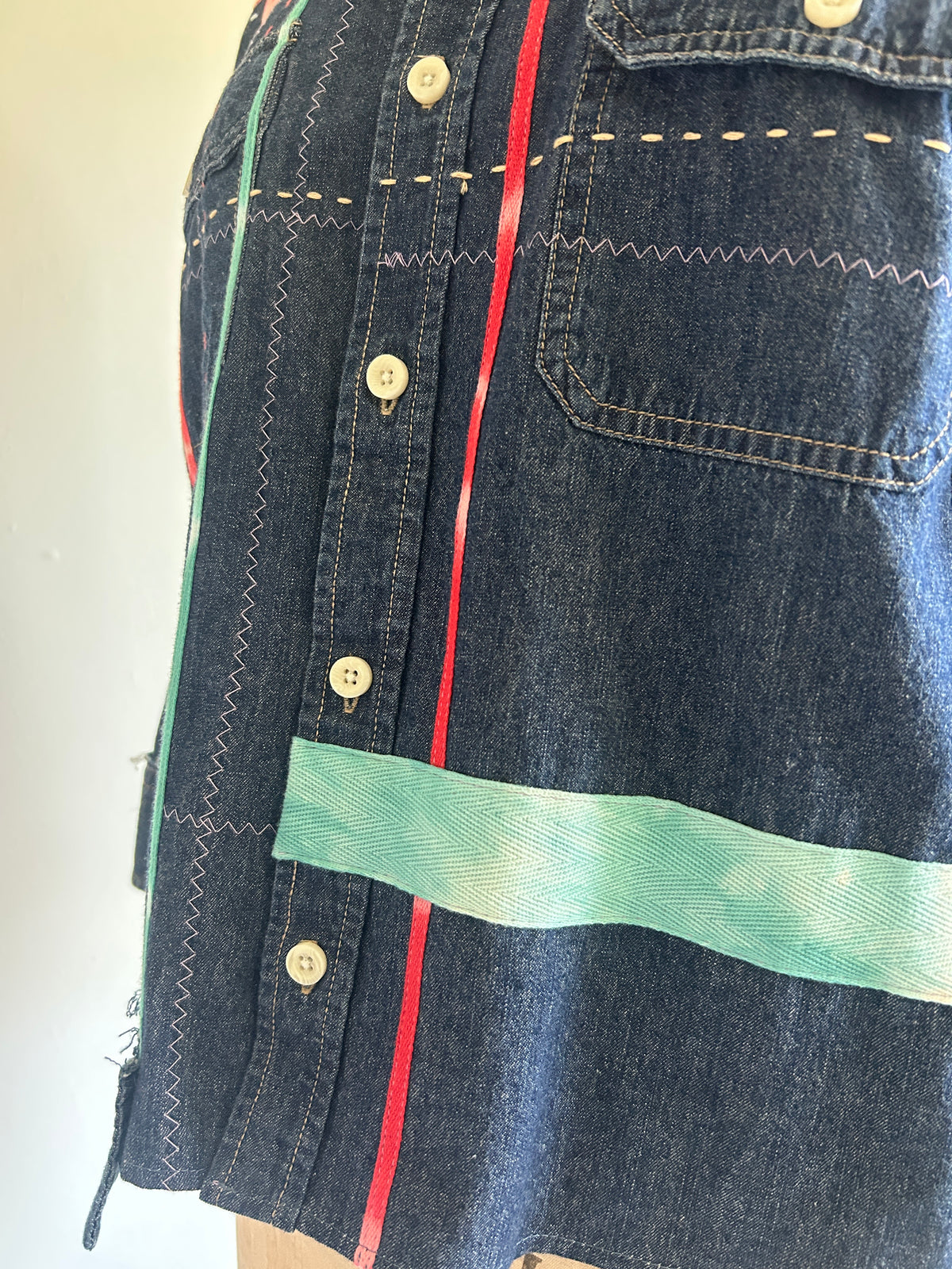 Ellis Reclaimed Patchwork Denim Shirt with Handstitching & Hand Dyed Twill Ribbon L/XL #ELL2