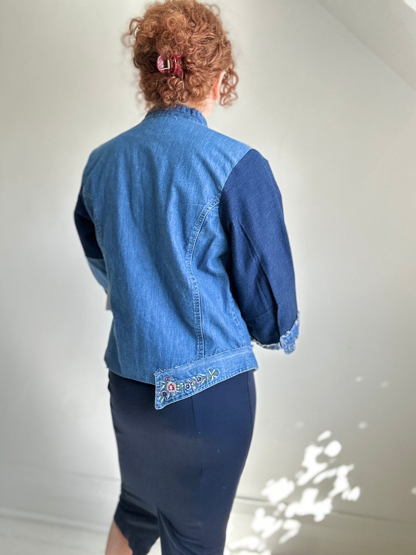 Ellis Reclaimed Patchwork Denim Shirt with Handstitching & Hand Dyed Twill Ribbon S/M #ELL16