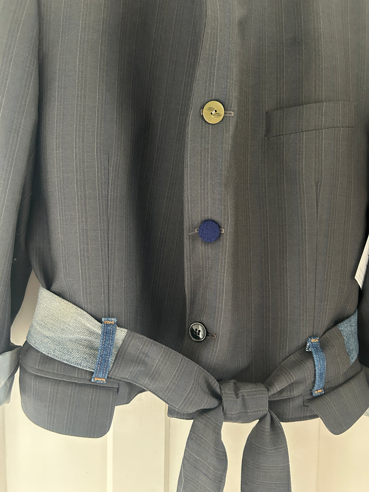 Cropped Upcycled Jonathan Ryan Classics Virgin Wool Blazer with Denim Belt Size L/XL #BLAZX2X1