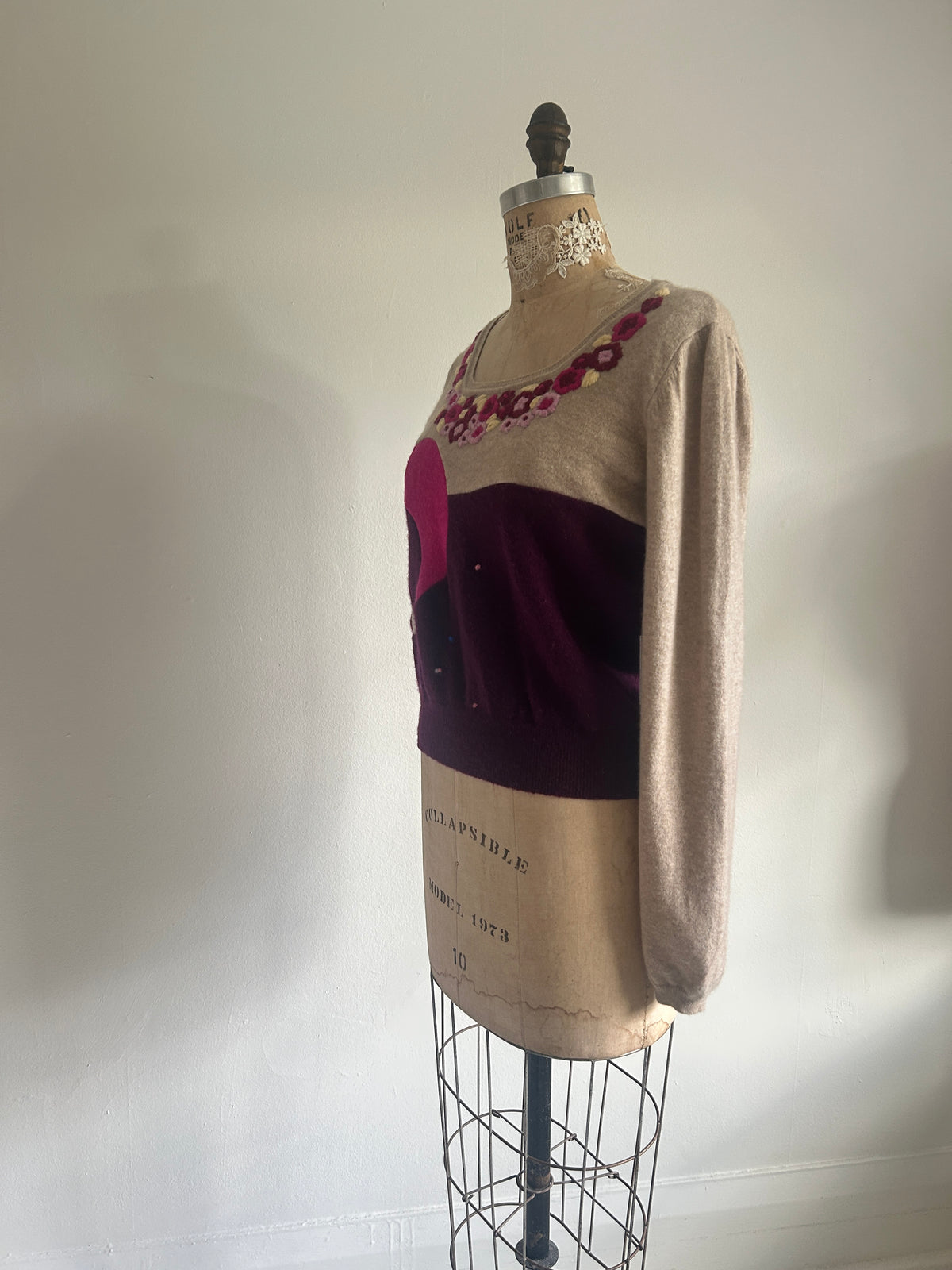 Needlefelted, Embroidered and Circle Patched Confetti Cashmere Sweater XL/2X #CASHSM2
