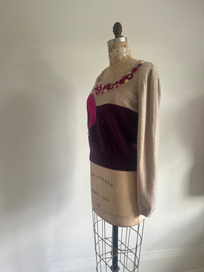 Needlefelted, Embroidered and Circle Patched Confetti Cashmere Sweater XL/2X #CASHSM2