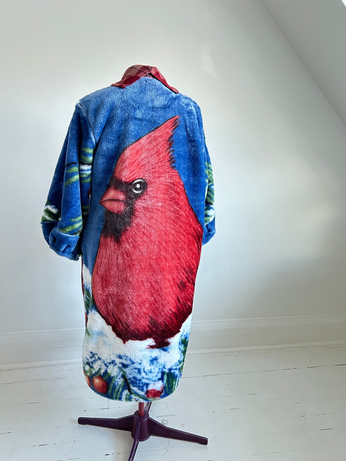 Vivianne Jacket with Upcycled Vintage & Fleece Wool Blanket & Leather & Wooden Toggles Cardinal Theme Size XL/2X #CVJWX2X48