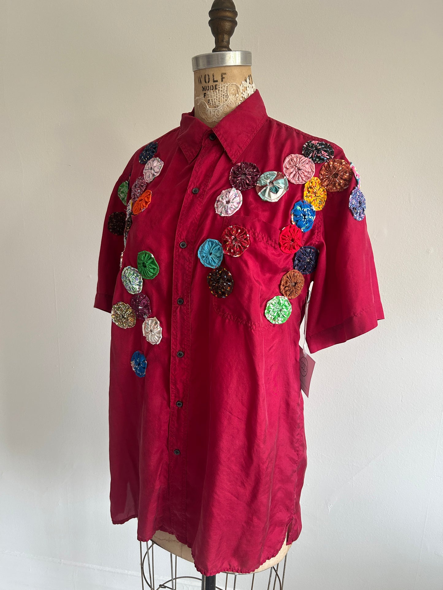 Vintage Silk Blouse with YoYo Quilt Appliqué Size M/L #YOYO3