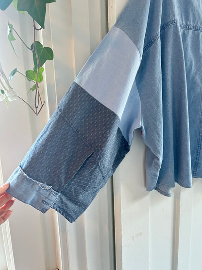 Ellis Reclaimed Patchwork Wrangler Denim Shirt with Handstitching & Hand Dyed Twill Ribbon 3X/4X #ELL11