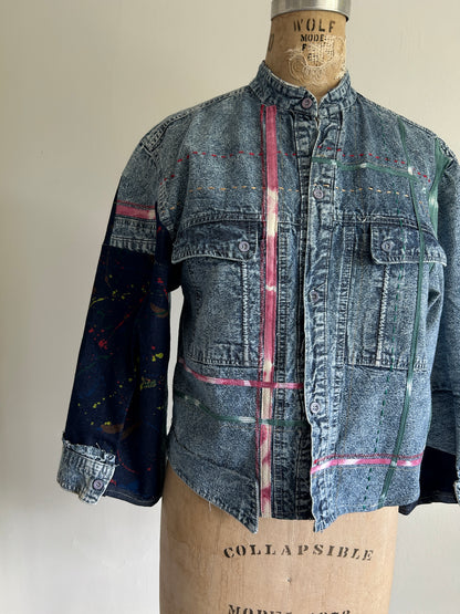 Ellis Reclaimed Patchwork Denim Shirt with Handstitching & Hand Dyed Twill Ribbon XS/S #ELL2