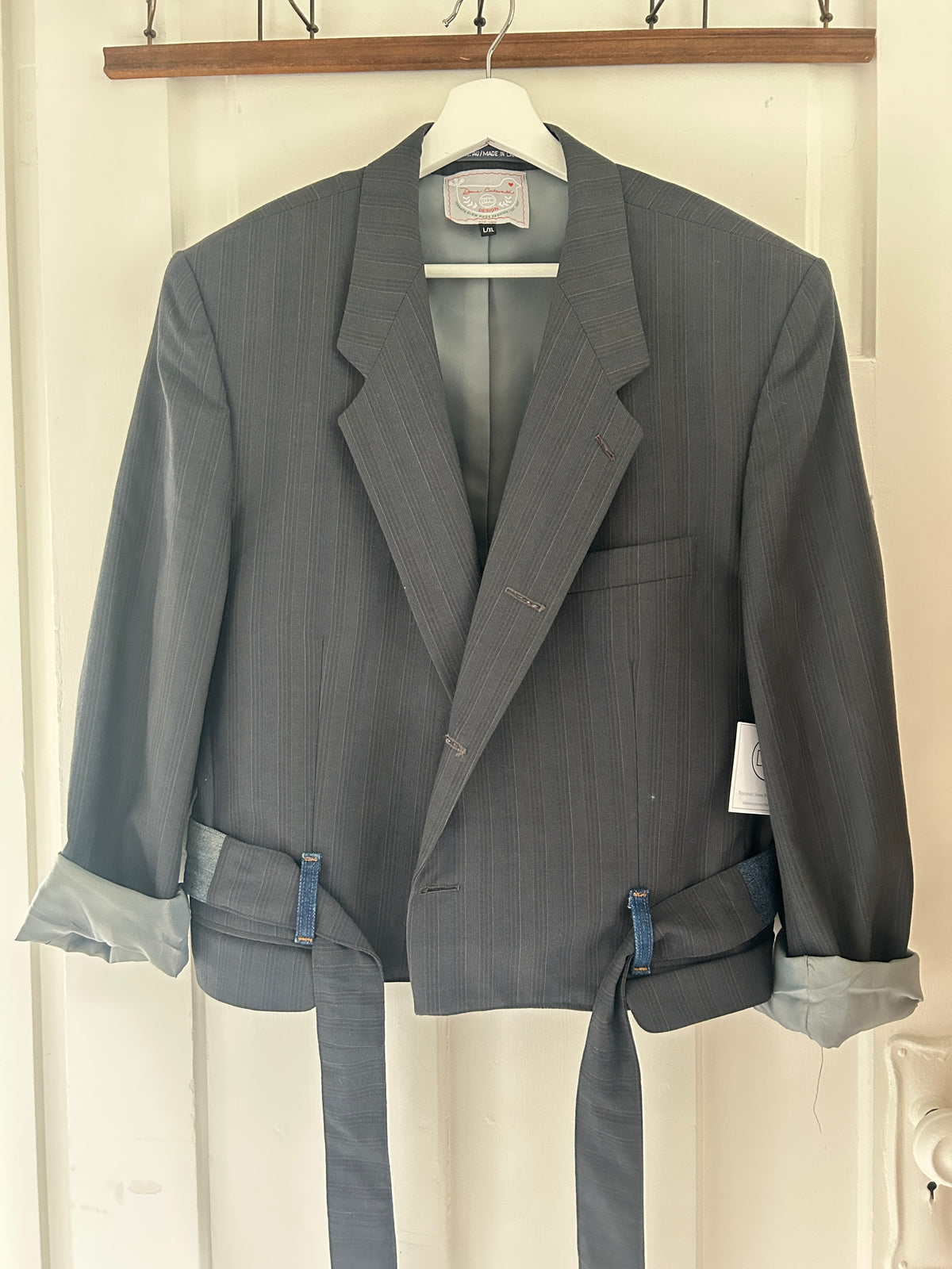 Cropped Upcycled Jonathan Ryan Classics Virgin Wool Blazer with Denim Belt Size L/XL #BLAZX2X1