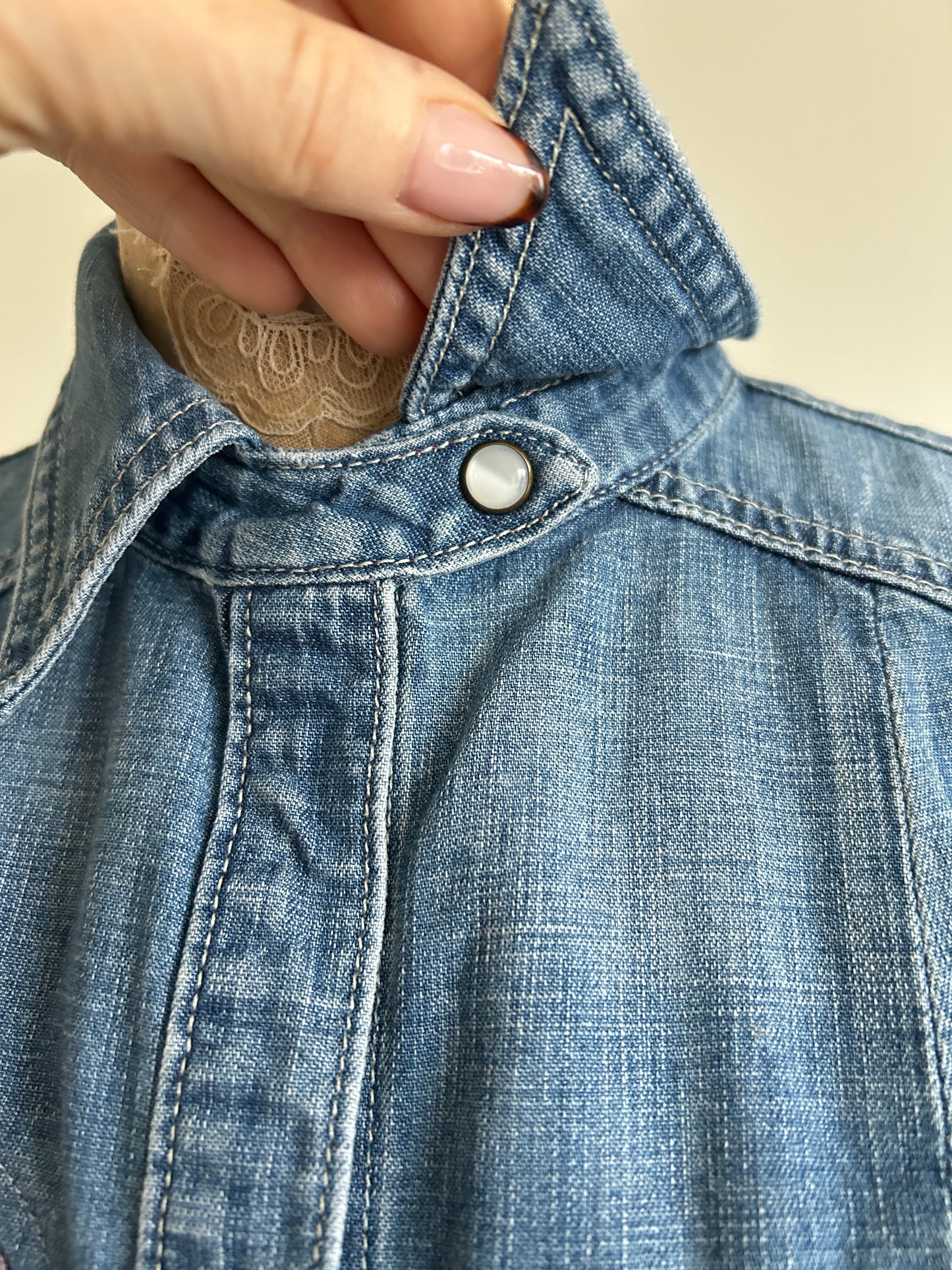 Upcycled Modern Workwear Denim Shirt - Circle Series Size S/M #DBSM5