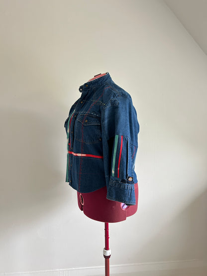 Ellis Reclaimed Patchwork Dickies Denim Shirt with Handstitching & Hand Dyed Twill Ribbon XL/2X #ELL10