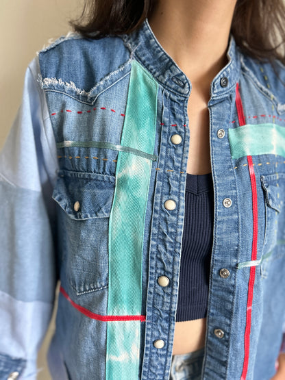 Ellis Reclaimed Patchwork Denim Shirt with Handstitching & Hand Dyed Twill Ribbon S/M #ELL3