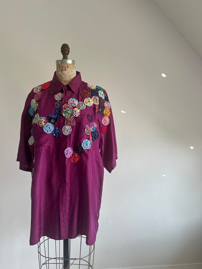 Vintage Silk Blouse with YoYo Quilt Appliqué Size XL #YOYO2