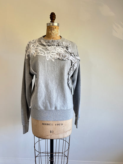 Ruffled & Battenburg Lace Upcycled Champion Sweatshirt XS/S #SWRXXS3