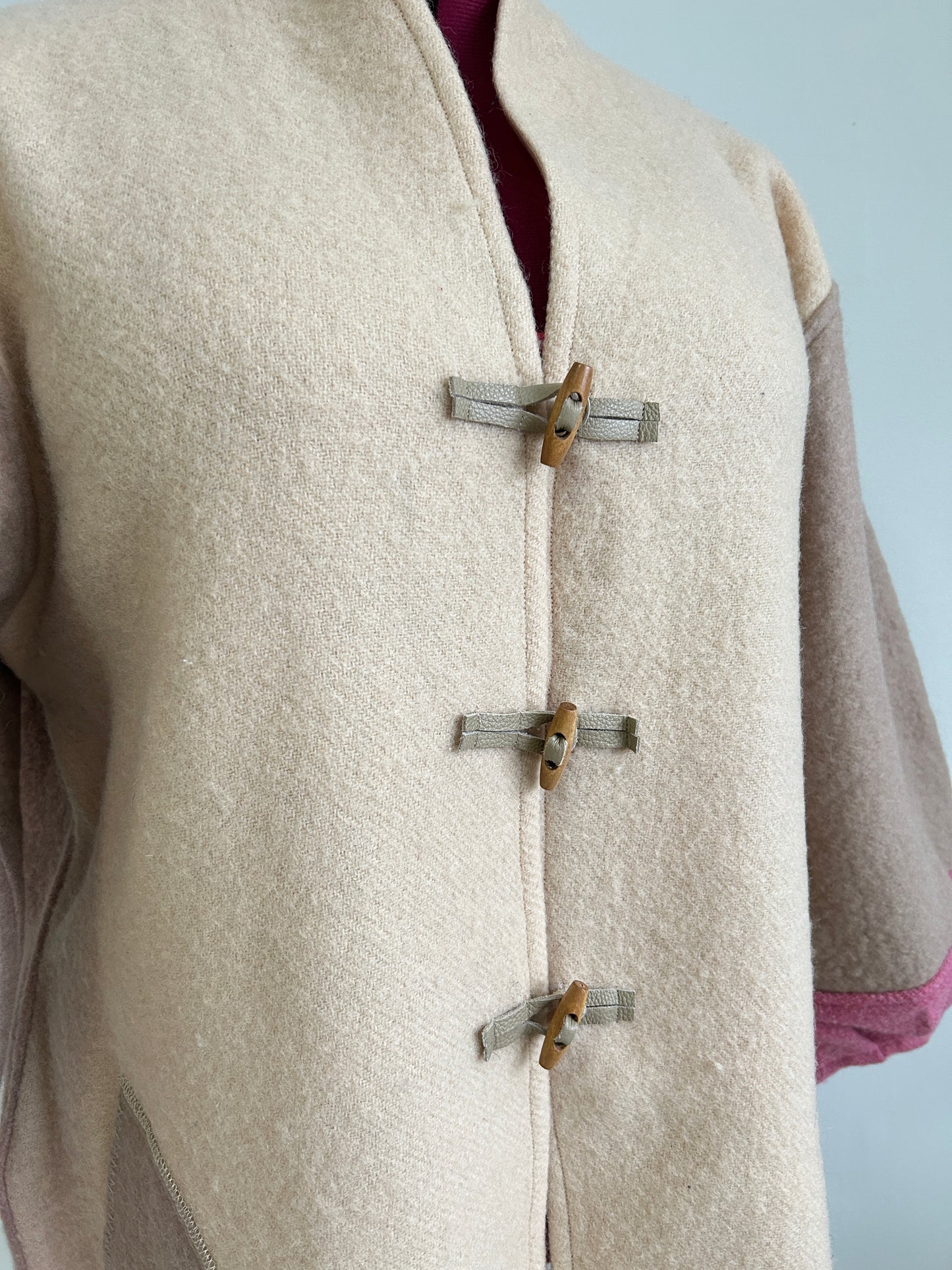 Vivianne Jacket with Upcycled Vintage Wool Blanket & Leather & Wooden Toggles Size 2X/3X #CVJW23X32