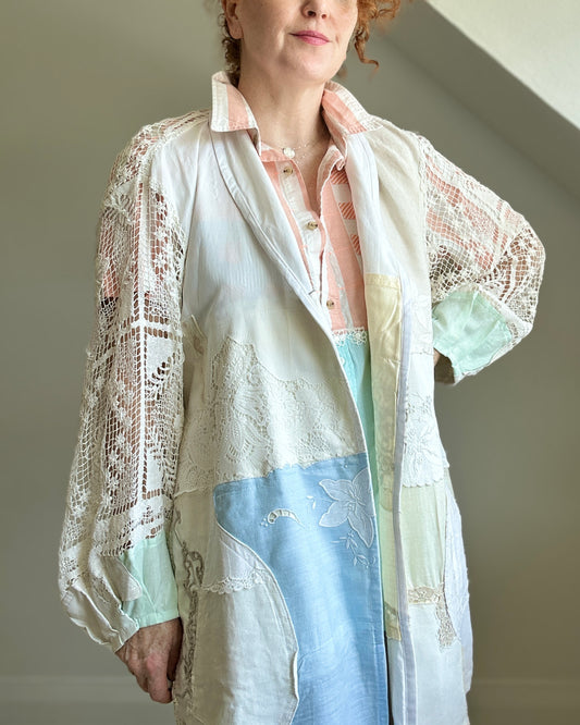 Upcycled Vintage Linen & Cotton Napkin & Crochet Patchwork Vivianne Blazer Size XL/2X #VIVC27