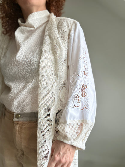 Vivianne Jacket with Upcycled Vintage Cut Lace Cotton & Crochet Boho Draperies & Crochet  Size M/L #CVCJML100