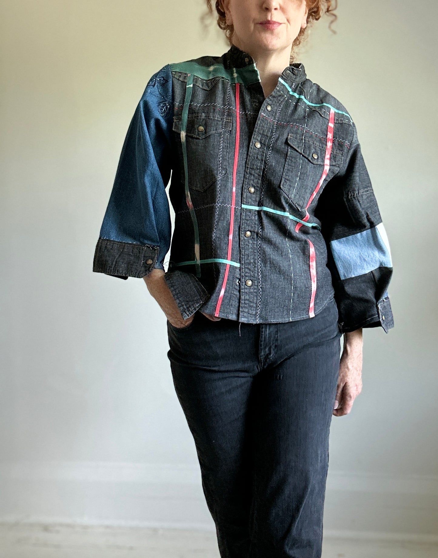 Ellis Reclaimed Patchwork Wrangler Denim Shirt with Handstitching & Hand Dyed Twill Ribbon M/L #ELL9