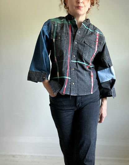 Ellis Reclaimed Patchwork Wrangler Denim Shirt with Handstitching & Hand Dyed Twill Ribbon M/L #ELL9