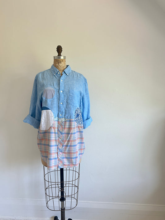 Upcycled Modern Workwear Cotton & Linen Shirt - Circle & Squares Series Size S/M #PIN23