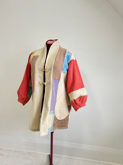 Vivianne Jacket with Upcycled Vintage Wool Patchworked Blanket & Leather & Wooden Toggles Size XL/2X #CVJWX2X31
