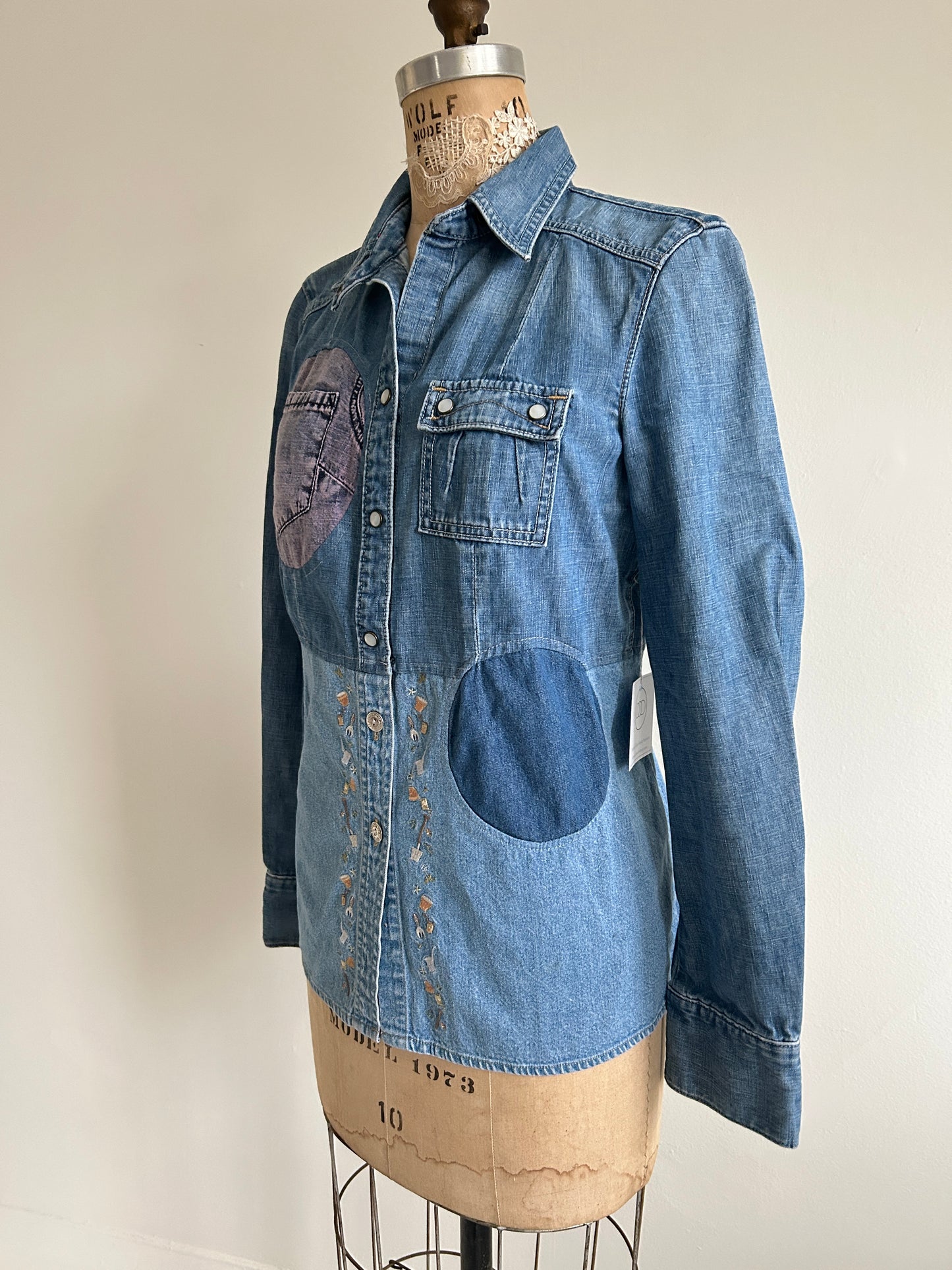 Upcycled Modern Workwear Denim Shirt - Circle Series Size S/M #DBSM5