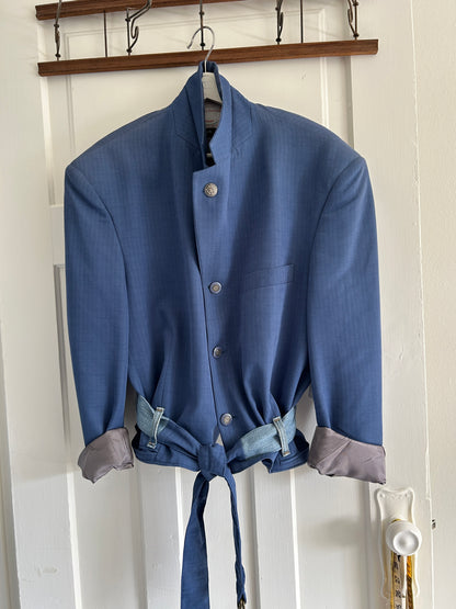 Cropped Upcycled L’Altro Vomo Blazer with Denim Belt Size L/XL #BLAZLXL4