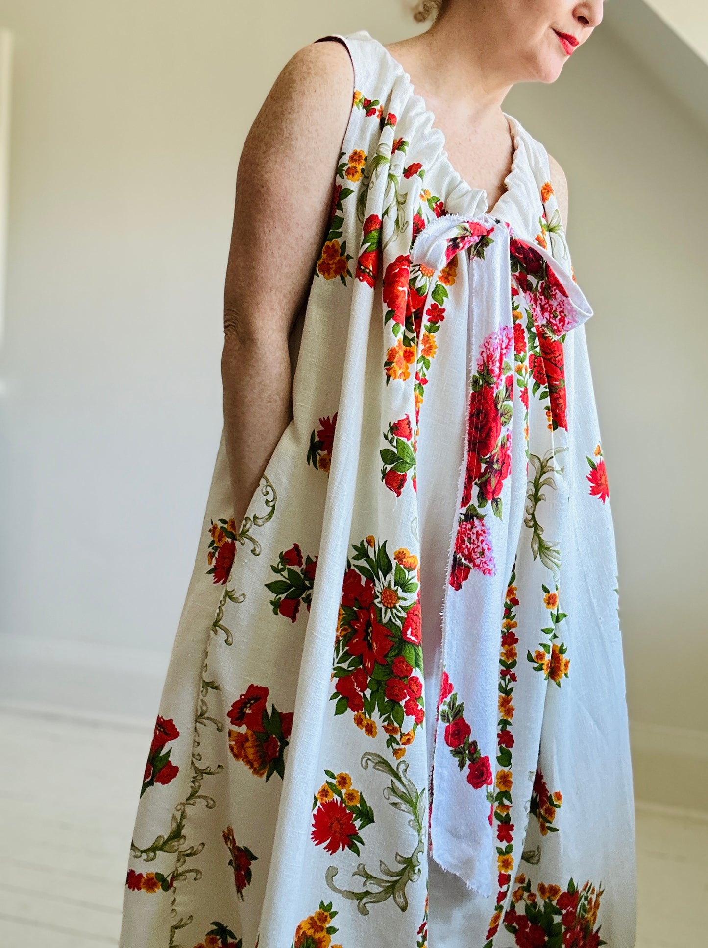 Marlowe Maxi Dress with Upcycled Vintage Linen Tablecloth O/S # MAR6